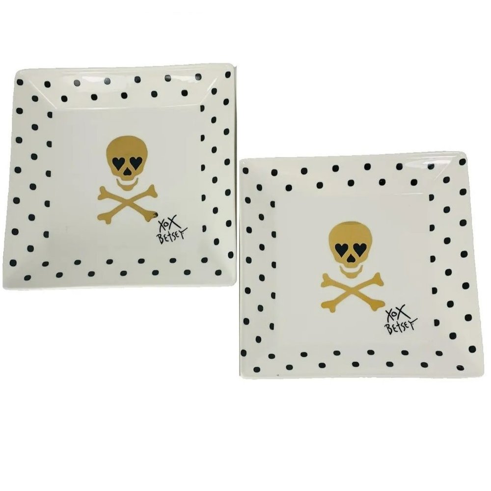 2 Betsey Johnson Skull & Crossbones Square Plates Gold Black Polka Dot Pair XOX